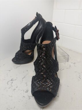 Black Peep-Toe Ankle Strap Heels